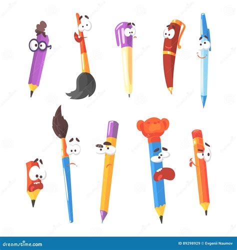 Smiling Pen Pencils And Brushes Series Of Animated Stationary Cartoon
