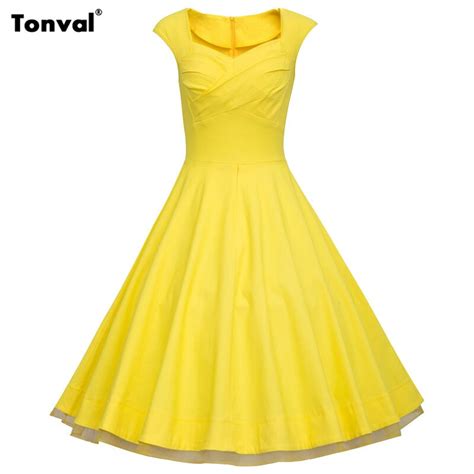 Tonval 2017 Women Yellow Rockabilly 3xl Dress Plus Size Floral Vintage Polka Dot 1950s 60s Tunic