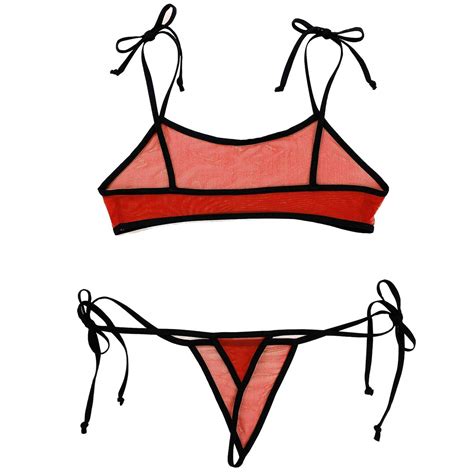 buy jeatha women s sheer mesh bikini set see through micro bra crop top with tie sides micro