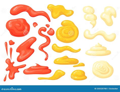 Cartoon Sauce Splash Vector Set Mayonnaise Mustard Tomato Ketchup In