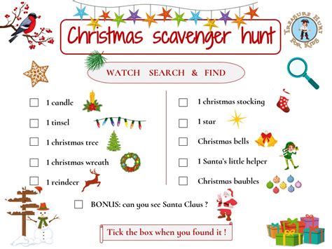 Includes indoor and outdoor options. Christmas scavenger hunt - Treasure hunt 4 Kids - free ...