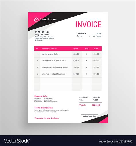 Modern Pink Geometric Invoice Template Design Vector Image