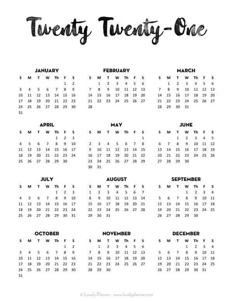 2021 Calendar Printable Year At A Glance