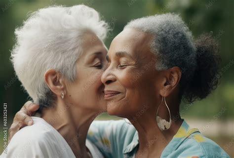 Old Women Lesbian Couple Black And Caucasian Female In Love Lgbt Pride Month Celebration