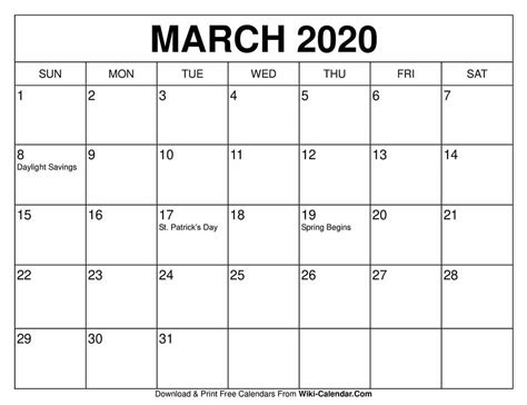 Free Printable March 2020 Calendars