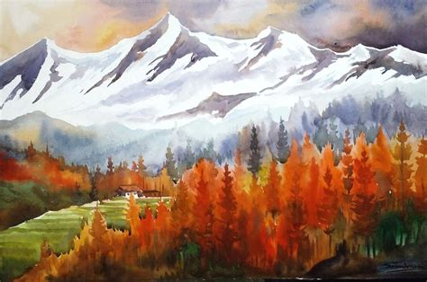 Autumn Forest And Snow Peaks Watercolor Painting Artfinder
