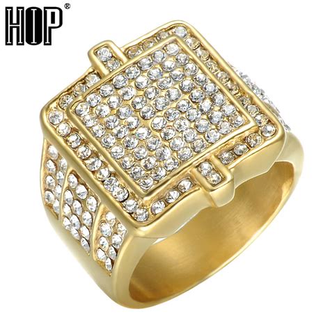 Hip Gold Color Crystal Wedding Ring For Men Bling Iced Out Stainless