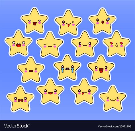 Kawaii Stars Set Face With Eyes Yellow Color On Vector Image