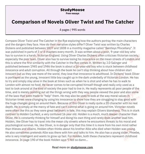 Comparison Of Novels Oliver Twist And The Catcher Free Essay Example
