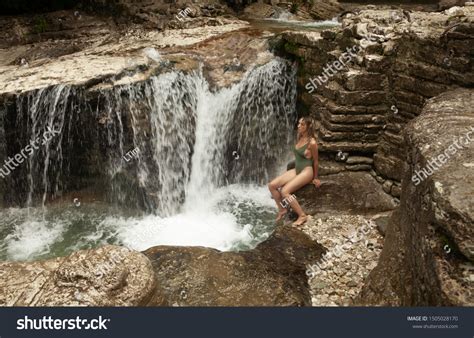 Lovely Blonde Female Relaxes Waterfall Feature Stock Photo Shutterstock