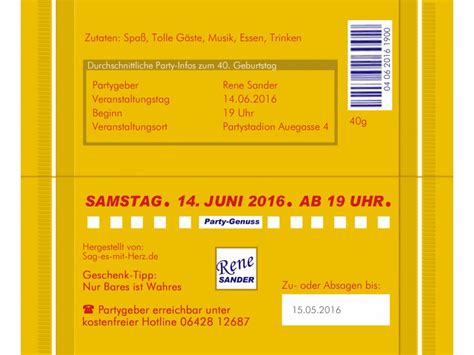 Für die perfekte einladung zum 50. Einladung 40. Geburtstag "Schokoriegel" witzig