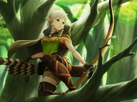 Wallpaper Forest Long Hair Anime Girls Bow Weapon