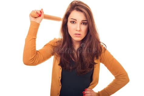 Angry Woman With Rolling Pin Stock Image Image Of White Face