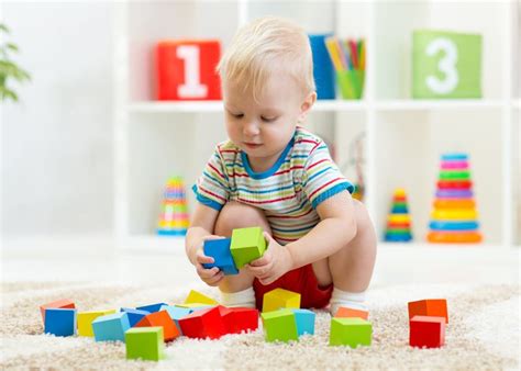 Kid Toddler Playing Wooden Toys At Home Or Nursery Stock Image Image