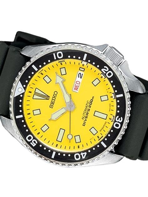 Seiko Yellow Dial Automatic Dive Watch With Offset Crown And Rubber