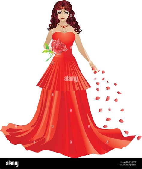 Illustration Of Beautiful Red Haired Girl In Red Dress With Rose Petals