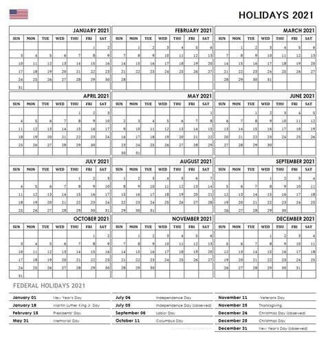 Download printable 2021 yearly calendar (pdf). US Federal Holidays 2021 List Template | Holidays Calendar ...