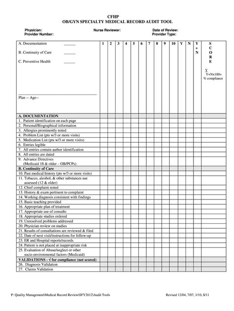 Cfhp Obgyn Specialty Medical Record Audit Tool 2011 2021