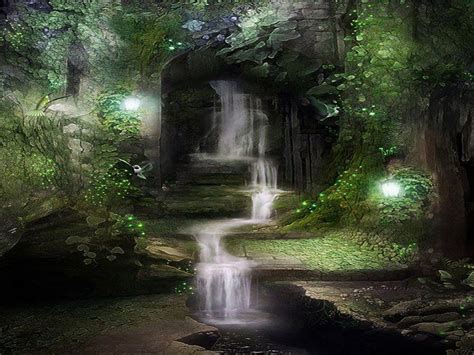 Mysterious Cave And Waterfall Birds Light Lamp Trees Water Lake