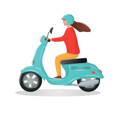 Female Motorcyclist Riding On Blue Scooter Motorbike Young Woman Using
