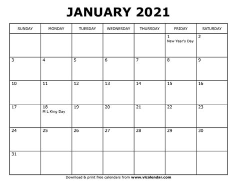 January 2021 Printable Calendar Printable Calendar 2023
