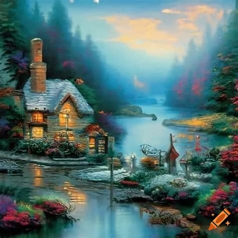 Colorful Thomas Kinkade Painting Of A Cottage By The River With Bridge