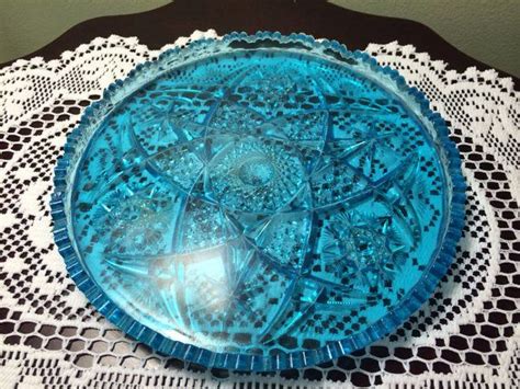 Vintage Wheatonware Hand Pressed Blue Glass Platter Cake Plate Etsy Glass Platters Cake