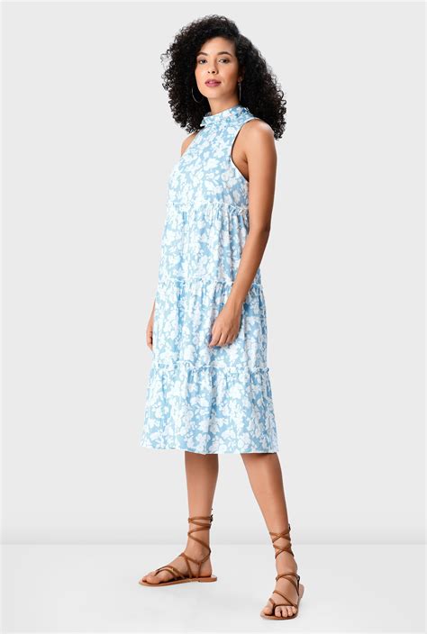 Shop Ruffle Frill Trim Floral Print Linen Blend Tiered Dress Eshakti