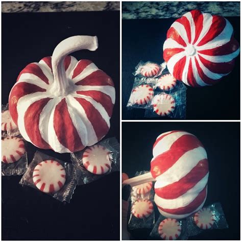 Four Different Pictures Of Candy Canes In The Shape Of Pumpkins And Candies