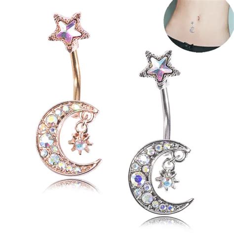 Navel Belly Button Rings Bar Crystal Moon Star Dangle Body Piercing