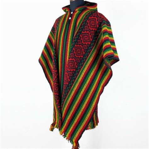 Llama Wool Unisex South American Handwoven Hooded Poncho Striped With