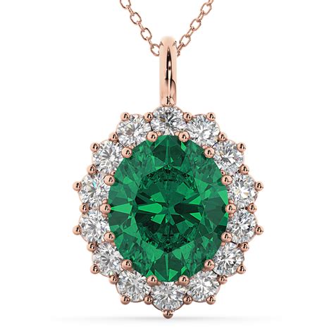 Oval Emerald Diamond Halo Pendant Necklace K Rose Gold Ct Ad