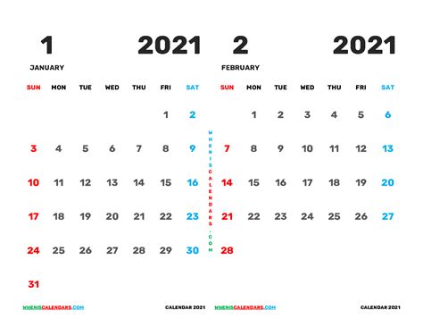 January February 2021 Calendar Printable 12 Templates