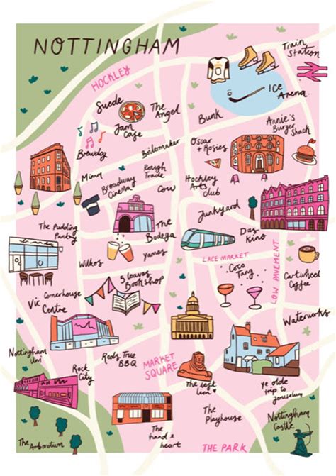 Map Of Nottingham A5 A4 A3 Illustrated Map Nottingham Map Etsy Uk