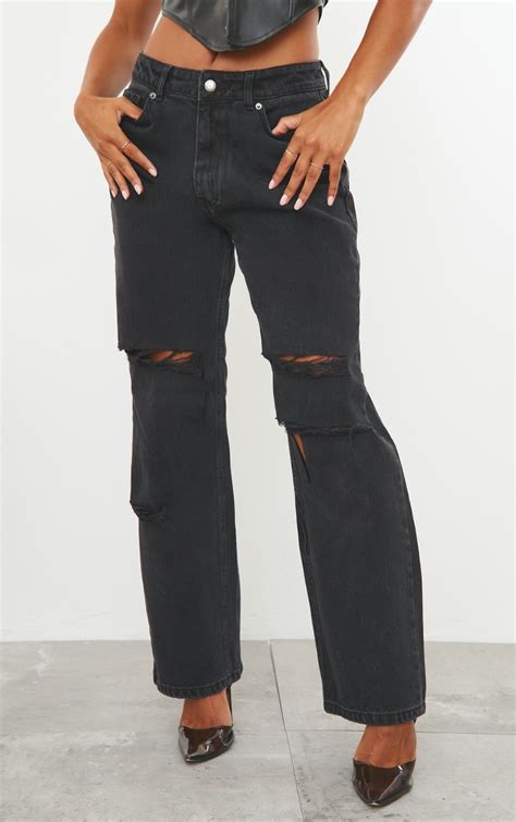 Washed Black Baggy Ripped Low Rise Boyfriend Jeans Prettylittlething