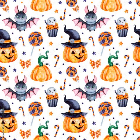 Cute Watercolor Halloween Seamless Patternbackground With Pumpkins