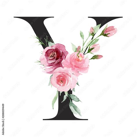 Floral Alphabet Letter Y With Watercolor Flowers And Leaf Monogram