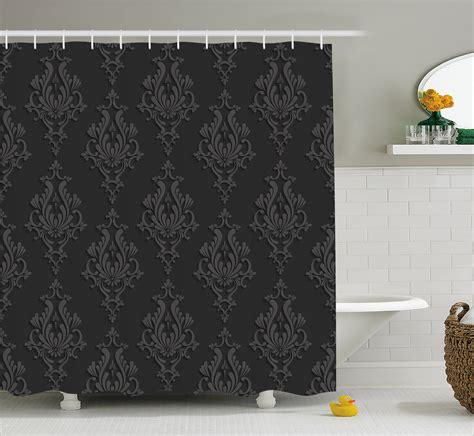 Dark Grey Shower Curtain Antique Damask Pattern In 3d Style Classic