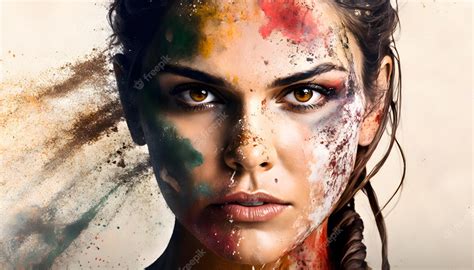 Premium Photo A Woman With A Painted Face And A Paint Splatter On Her Face