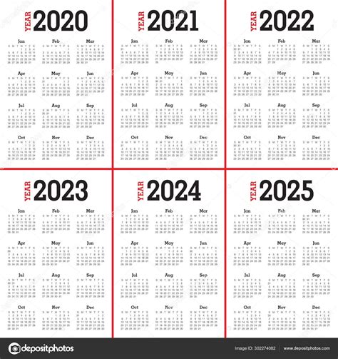 Calendar 2021 2022 2023 2024 2025 Years Vector Illustration Riset