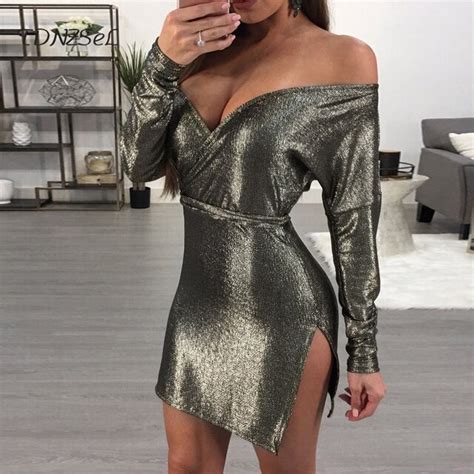Buy Sexy Women Mini Dress Slit Off Shoulder Deep V