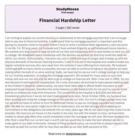 Financial Hardship Letter Free Essay Example