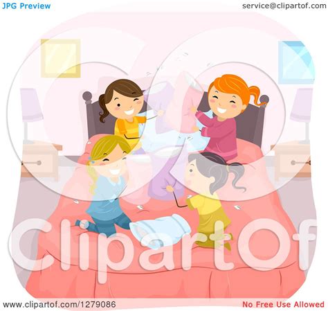 Clipart Of Playful Girls In The Middle Of A Pillow Fight At A Slumber