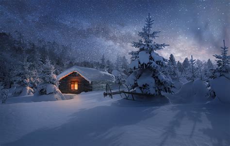 Wallpaper Winter Forest Stars Light Snow Night House View Hut