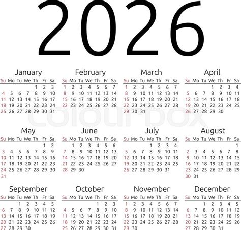 Simple 2026 Year Calendar Week Starts Stock Vector Colourbox