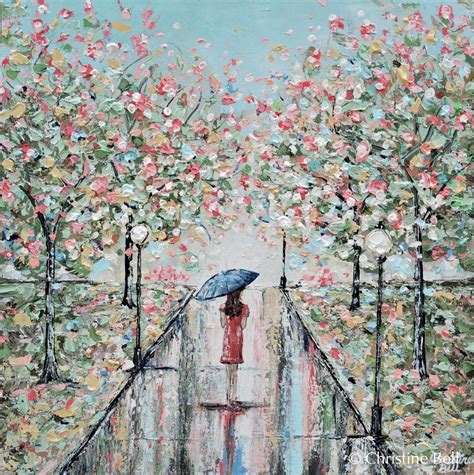 Original Art Abstract Painting Girl Umbrella Trees