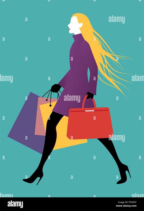 Moda Mujer Con Bolsas De Compras En La Calle Ilustración Vectorial