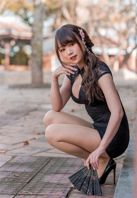 Asian Bokeh Brunette Girl Dress D Colletage Hands Hand Fan Legs Pantyhose Hd Phone