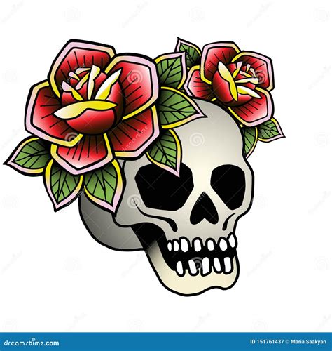 Tattoo Skull With Rose Vector Illustration Old School Tattoo Line Art