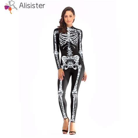 3d Skulls Bone Print Women Sexy Jumpsuit Halloween Costumes Black